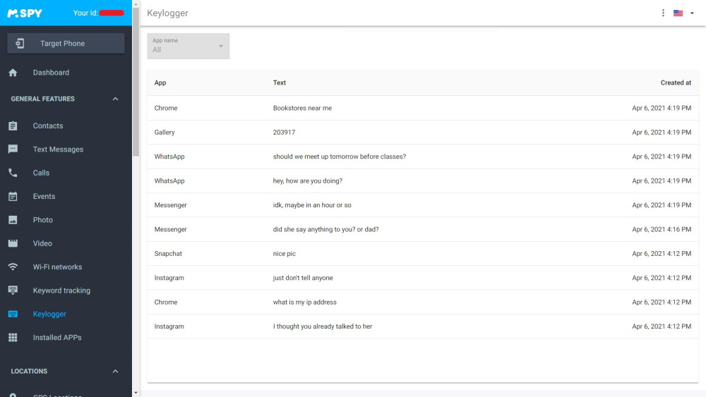 mSpy keylogger feature